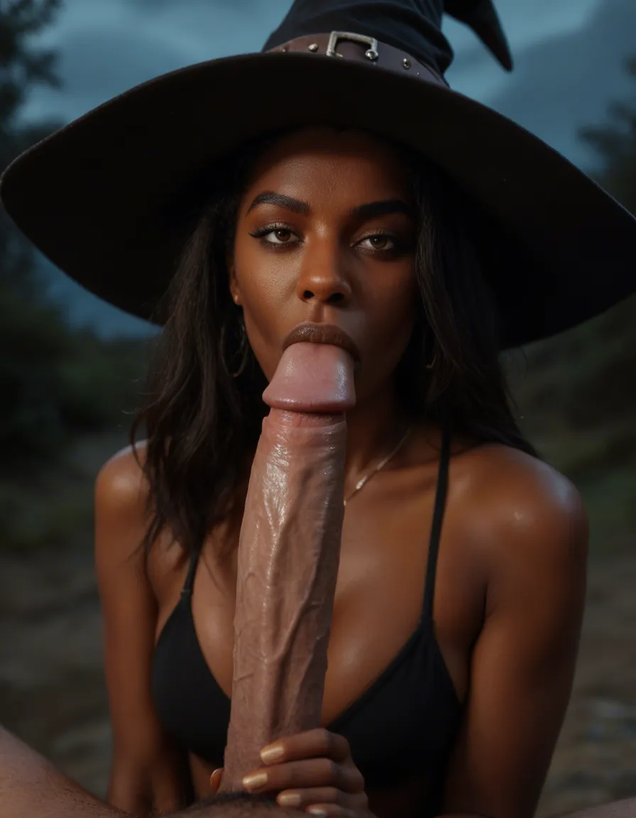RAW photo, ultra realistic, medium shot, witch, blowjob, dark-skinned female, night, seductive look, lifelike render, score_9, score_8, candid photo, realistic skin texture, visible skin pores, film grain, depth of field