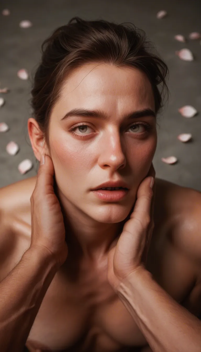 ultra HD, lifelike, cowboy shot, 2boys, ahegao, fingernails, petals, nervous blush, studio photo, score_9, score_8, candid photo, realistic skin texture, visible skin pores, film grain, depth of field