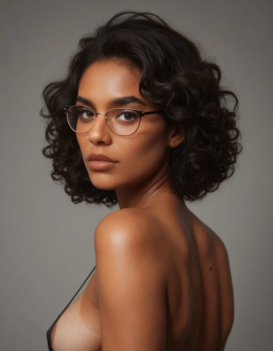 An Indian woman with shoulder length curly black hair and dark eyes, almost black, with glasses. She has a soft cute face and large tits and ass. She is facing forward., score_9, score_8, candid photo, realistic skin texture, visible skin pores, film grain, depth of field