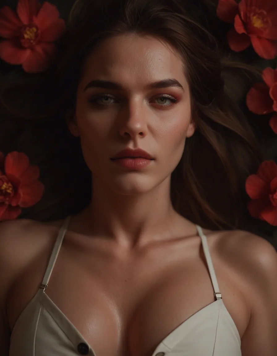 best quality, hyperrealistic, succubus, buttons, flower, missionary, simple background, backlit, cinematic realism, score_9, score_8, candid photo, realistic skin texture, visible skin pores, film grain, depth of field