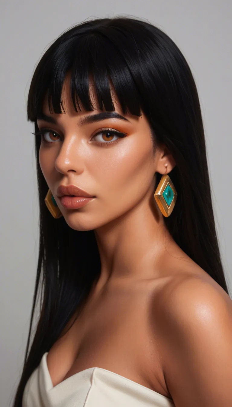 Photorealistic highly detailed and sexualised Chel from "Road to El Dorado" cartoon, accurate character face, sharp defined facial features, slightly upturned nose, full lips, dark almond eyes with black "winged" eyeliner, long straight black hair with neat bangs, large thick gold diamond-shape earrings, elegant gold necklace with turquoise pendant, warm brown skin, extremely narrow waist, wide hips, thick thighs, hourglass figure, standing confidently in this pose: weight on left leg, left hand on left hip, other hand resting on right thigh. Seductive expression with slightly open mouth, wearing her canonical outfit: white bandeau-style chest wrap and white loincloth with side ties at the hips, ancient stone temple with columns and palm trees in background, natural sunlight, realistic skin texture, detailed lighting, sharp focus, slightly low camera angle, score_9, score_8, candid photo, realistic skin texture, visible skin pores, film grain, depth of field