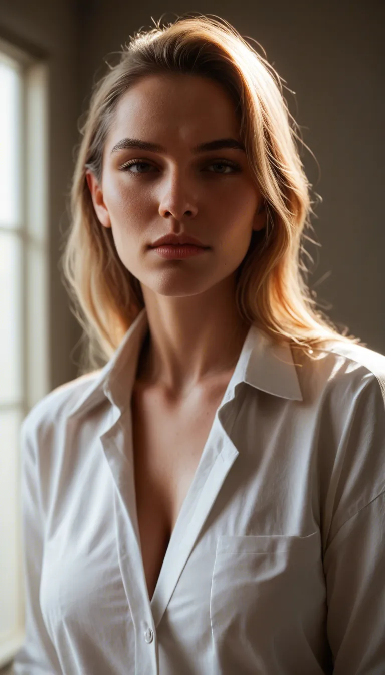 professional photo, high detail, solo female, white shirt, presenting, backlit, lifelike render