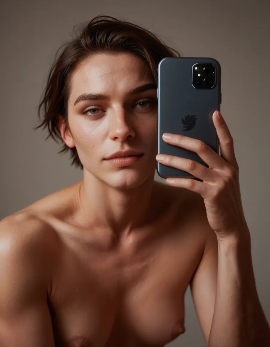 naughty_face, male_focus, male_pubic_hair, short_hair, pale_skin, small_breasts, score_9, score_8, amateur photo, phone snapshot, realistic skin texture, skin blemishes, soft indoor lighting