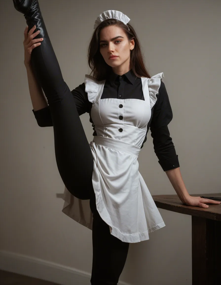 RAW photo, ultra realistic, maid, pants, leg up, 8k uhd photo, score_9, score_8, candid photo, realistic skin texture, visible skin pores, film grain, depth of field