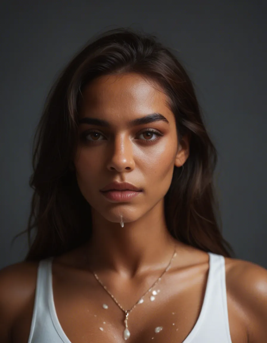 Latina covered in cum, score_9, score_8, candid photo, realistic skin texture, visible skin pores, film grain, depth of field