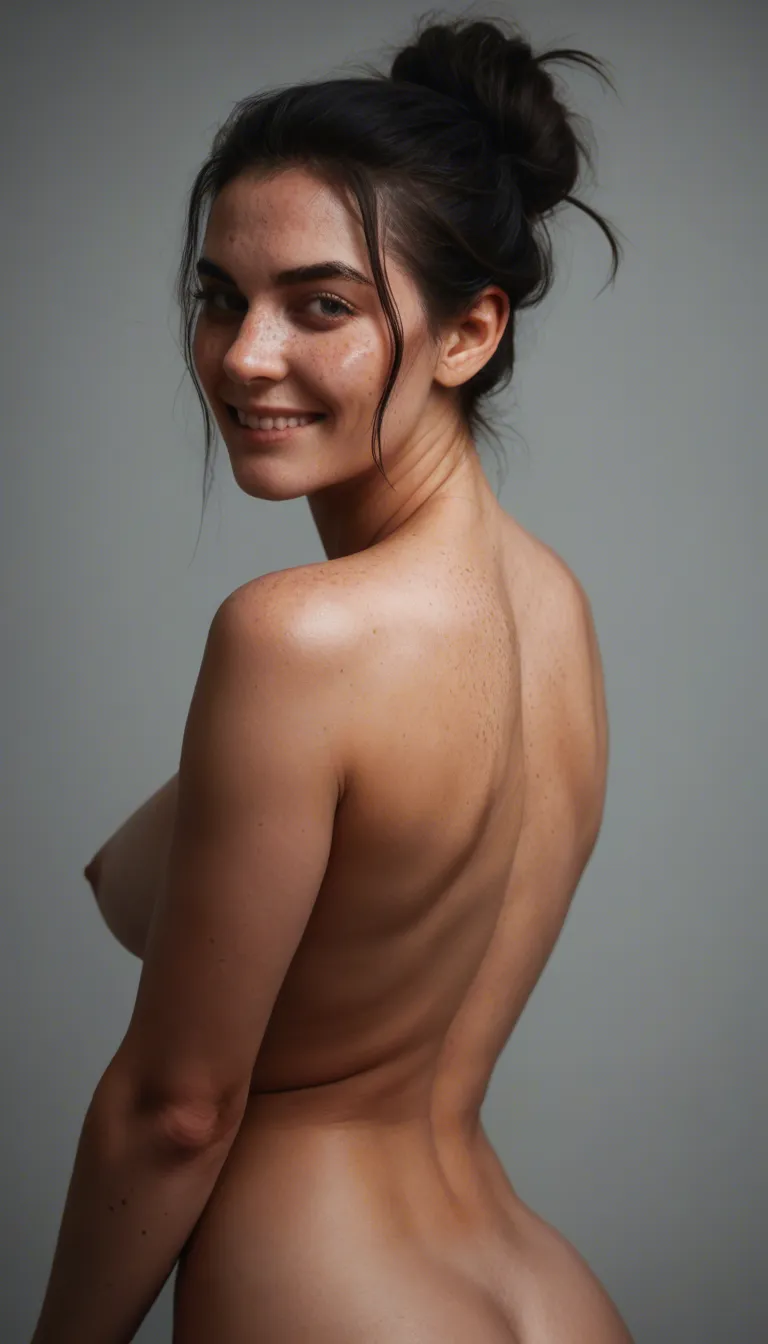 photorealistic asian woman, black hair tied in a high messy bun, freckled face, soft smile looking back at the camera over her shoulder, thick curvy body, soft belly rolls, wide hips, plump ass, wearing only a delicate yellow lace bra, completely nude from the waist down, lying on a white bed with white pillows, soft bedroom lighting, highly detailed skin, realistic