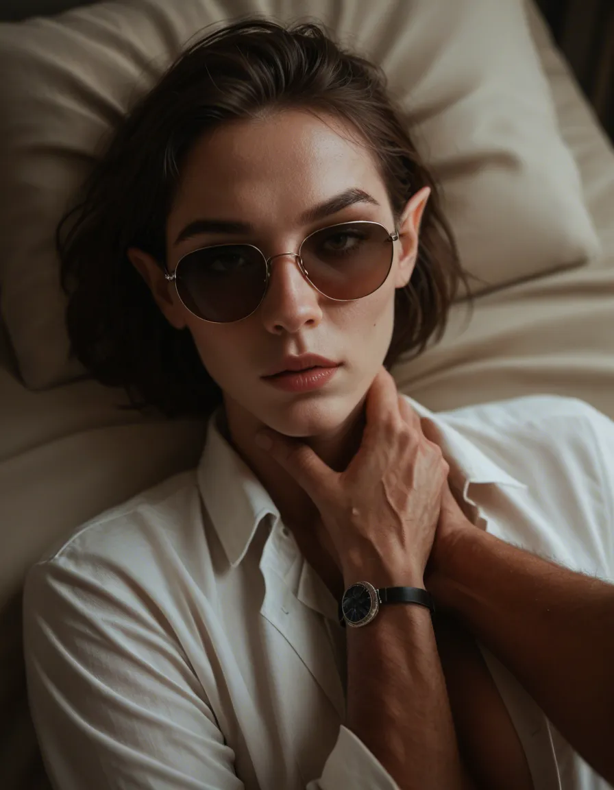 cinematic photo, 8k, elf male_focus , sunglasses, long sleeves, missionary, over the shoulder, studio lighting, film photography, score_9, score_8, candid photo, realistic skin texture, visible skin pores, film grain, depth of field