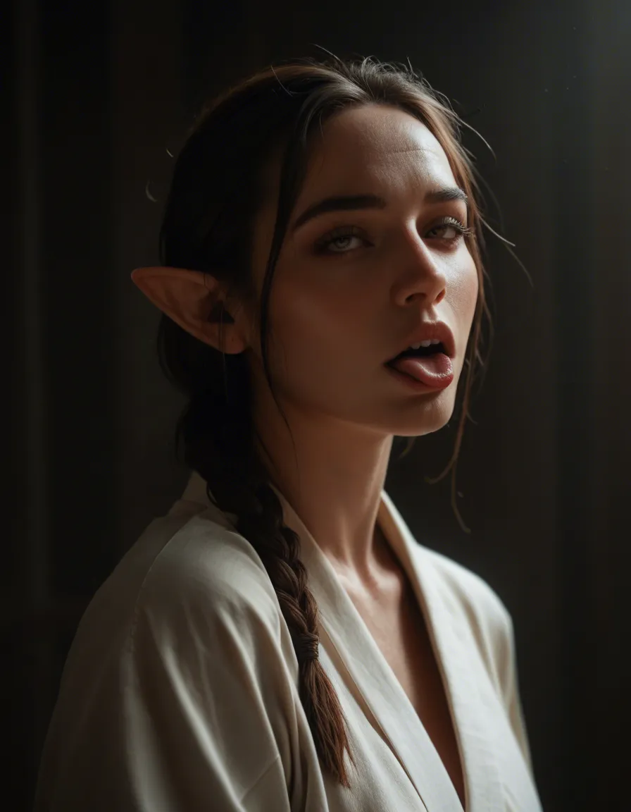 sharp focus, 8k uhd, elf woman, braid, japanese clothes, ahegao, dramatic lighting, photorealistic, score_9, score_8, candid photo, realistic skin texture, visible skin pores, film grain, depth of field