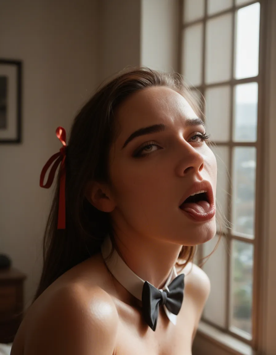 cinematic photo, 8k, couple, hair ribbon, bowtie, ahegao, window light, natural skin texture, score_9, score_8, candid photo, realistic skin texture, visible skin pores, film grain, depth of field