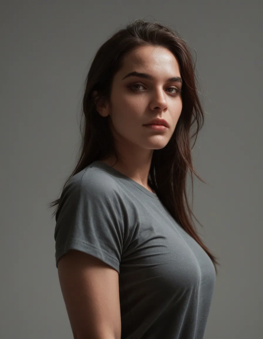 ultra HD, lifelike, succubus, sideboob, shirt, presenting, grey background, low angle, RAW photo, score_9, score_8, candid photo, realistic skin texture, visible skin pores, film grain, depth of field