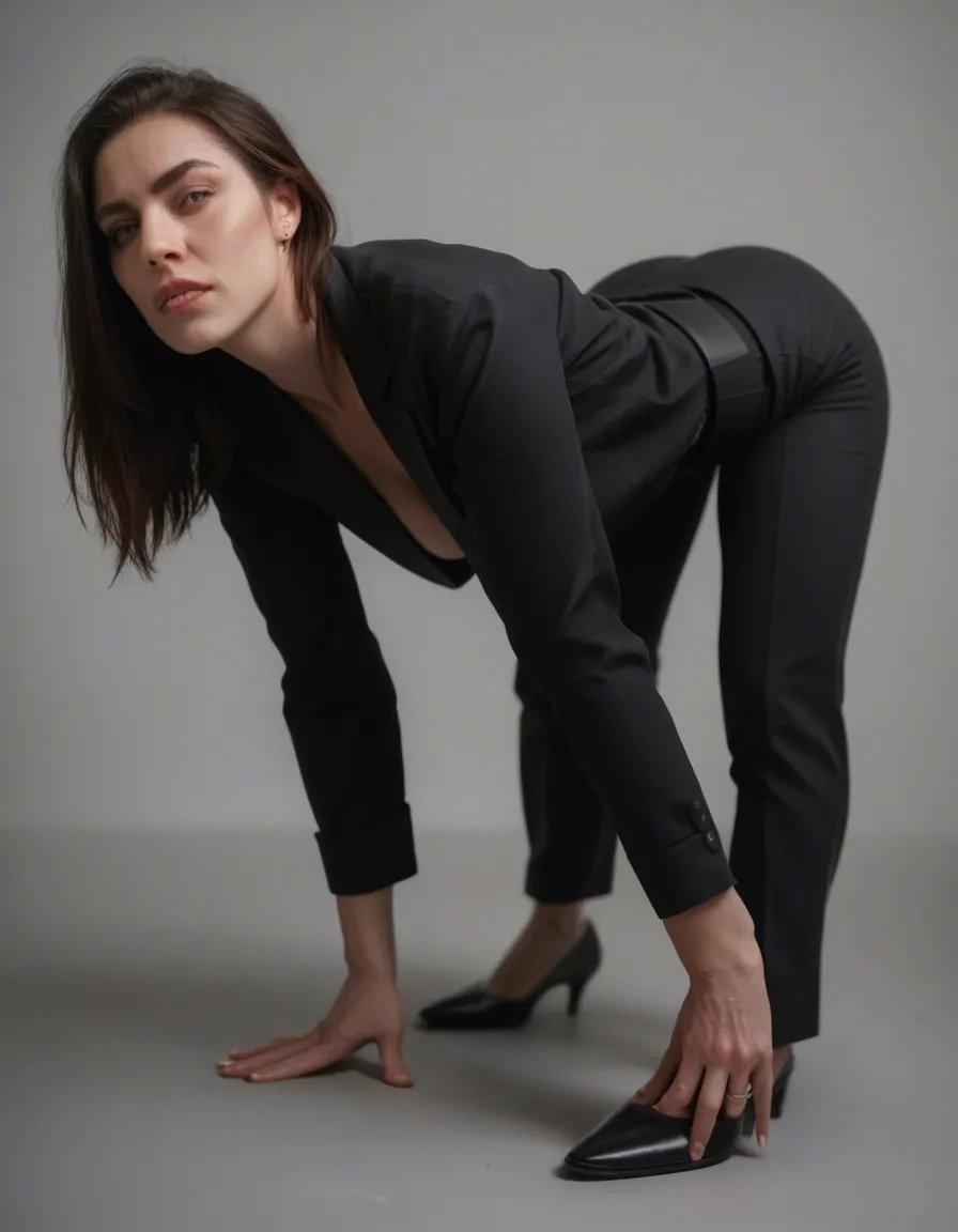 RAW photo, ultra realistic, office lady, black footwear, pants, doggy style, grey background, 8k uhd picture_frame, score_9, score_8, candid photo, realistic skin texture, visible skin pores, film grain, depth of field