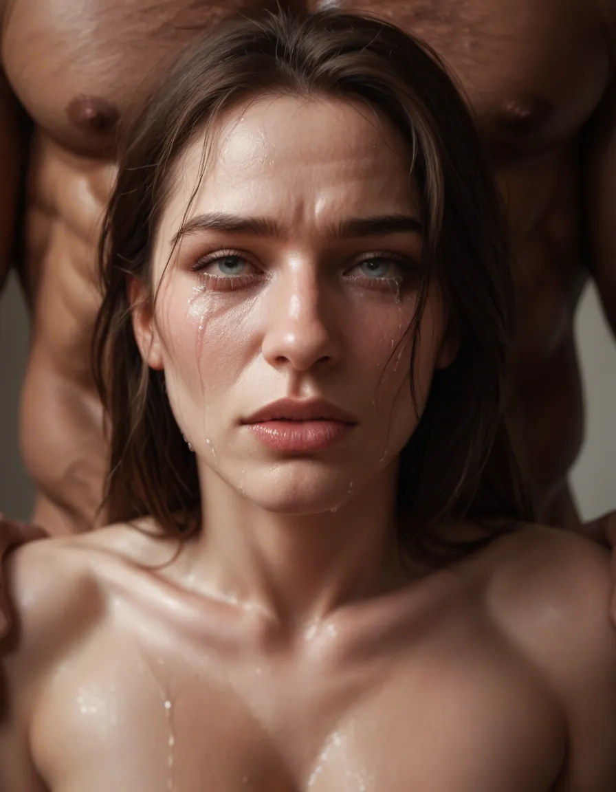 Intense dominant sex, muscular man pinning young woman down, her legs high on his shoulders, deep penetration, woman with teary eyes and soft sobbing expression, submissive face, heavy breathing, detailed genitals, sweaty bodies, uncensored, photorealistic, 4k, explicit, score_9, score_8, candid photo, realistic skin texture, visible skin pores, film grain, depth of field