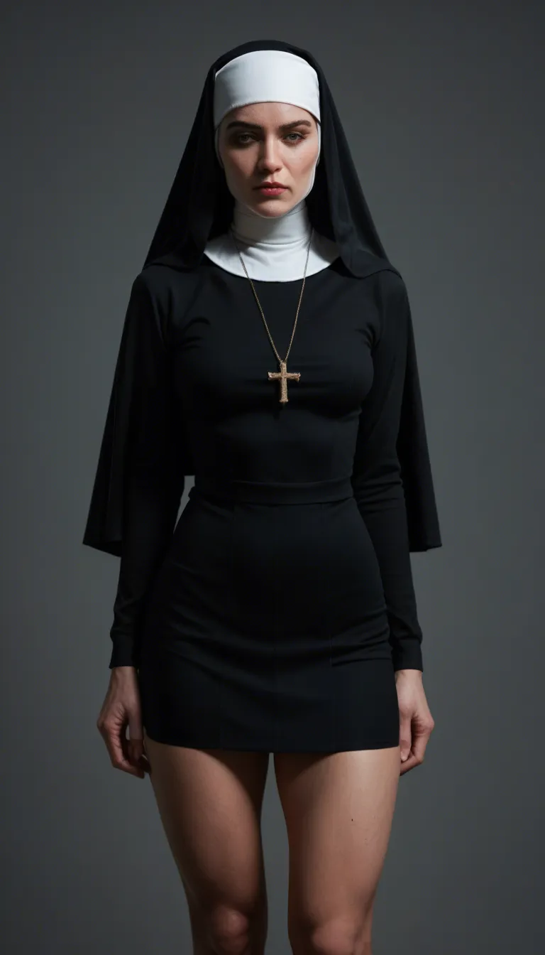 A short fatty mature nun with skirt but no panties bends over from backward