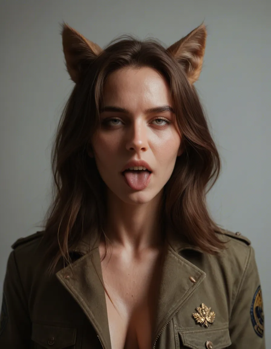 ultra HD, lifelike, mature female, animal ears, jacket, ahegao, backlit, lifelike render, score_9, score_8, candid photo, realistic skin texture, visible skin pores, film grain, depth of field