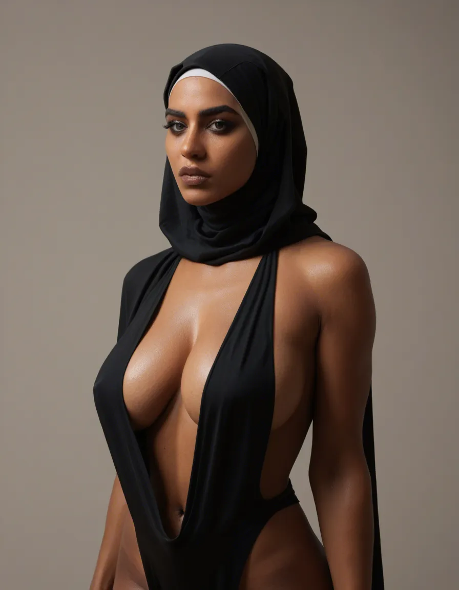 A highly detailed photorealistic portrait of a beautiful Maghrebi (North African Arab) woman wearing a black hijab, her tight black abaya pulled very low with an extremely deep plunging neckline, her massive full heavy breasts almost completely spilling out, deep dramatic cleavage, the fabric barely covering the lower part of her breasts, large erect nipples slightly visible under the thin stretched fabric, very voluptuous curvy body, looking at the viewer with an intense torrid sexual gaze while seductively sticking her tongue out, bright natural lighting, realistic skin and fabric texture, high resolution, highly sensual atmosphere, score_9, score_8, candid photo, realistic skin texture, visible skin pores, film grain, depth of field