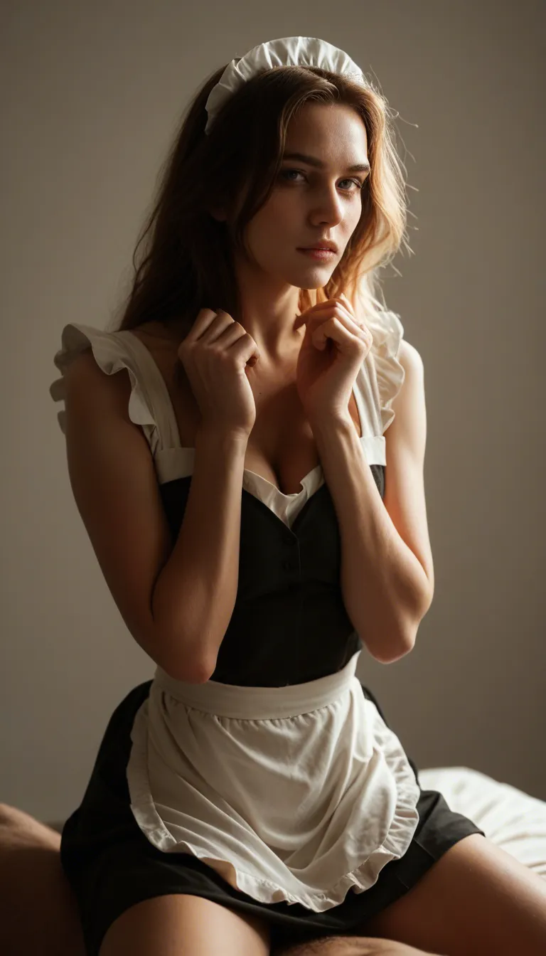 highly detailed, natural lighting, maid, reverse cowgirl, hands up, simple background, playful expression, 8k uhd photo