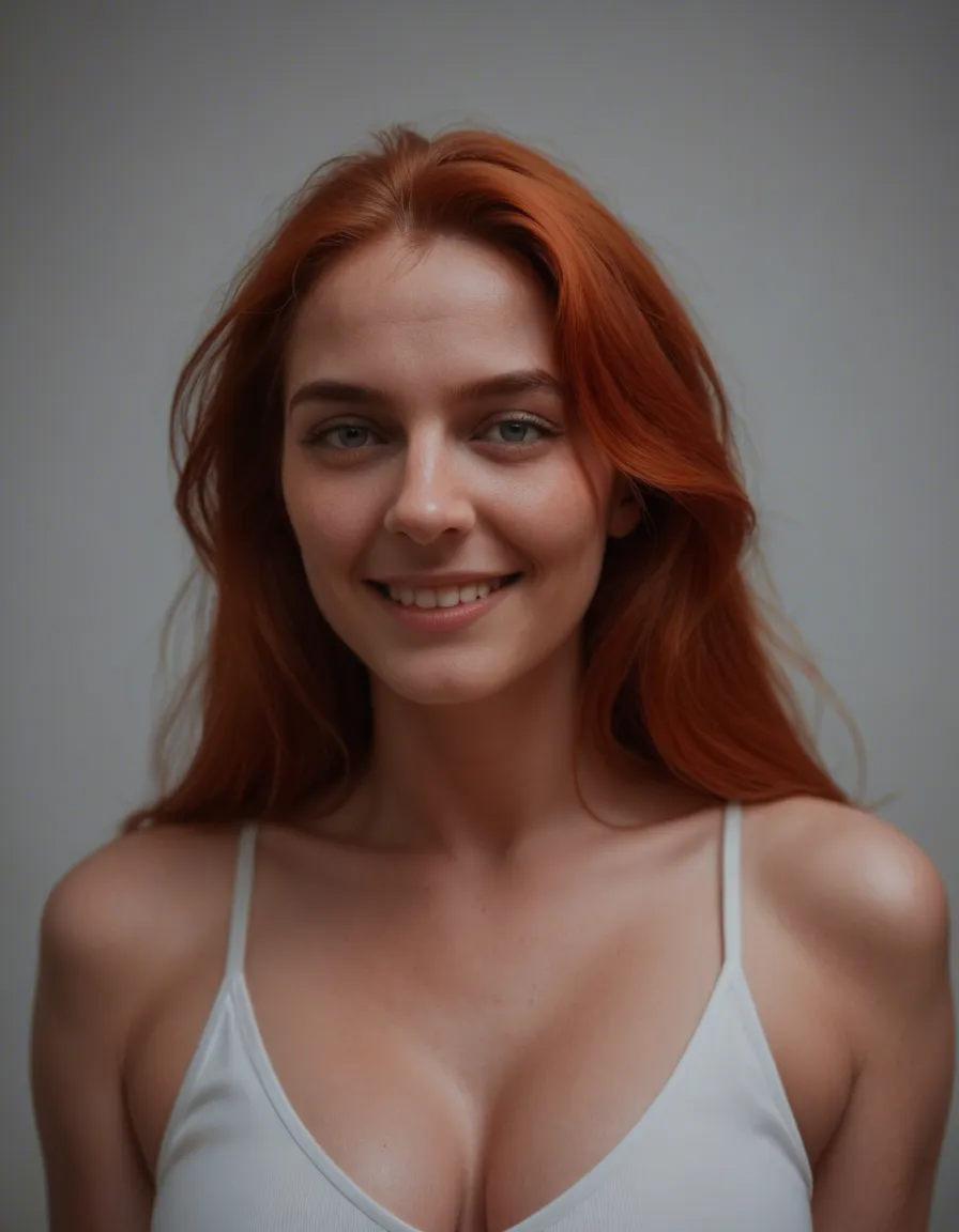 best quality, hyperrealistic, wide shot, redhead woman, futanari, colored skin, shy smile, 8k uhd photo, score_9, score_8, candid photo, realistic skin texture, visible skin pores, film grain, depth of field