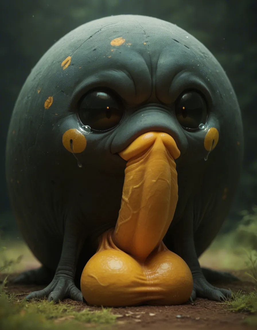 Yellow fleshy sphere creature, living ball, cute, sad, crying, male, yellow wide erect penis below, big swollen hyper testicles, small black eyes, tongue sticking out, no legs, no limbs, no arms, no feet, resting on the ground., score_9, score_8, 3d render, octane render, subsurface scattering, ray tracing, smooth shading