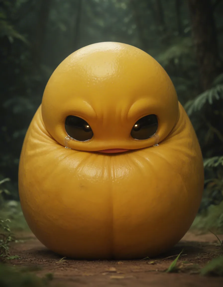 Yellow fleshy sphere creature, yellow skin,  living ball, cute, sad, crying, male, yellow wide erect penis below, big swollen hyper testicles, small black eyes, tongue sticking out, no legs, no limbs, no arms, no feet, resting on the ground, score_9, score_8, 3d render, octane render, subsurface scattering, ray tracing, smooth shading