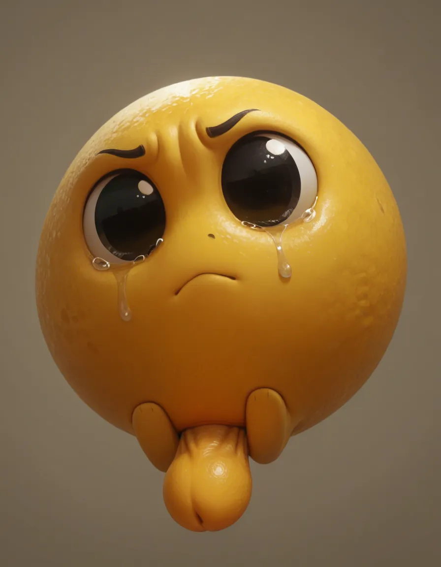 Cute yellow fleshy sphere creature, waddling head, living ball, yellow skin sad, crying, male, yellow wide erect penis below, big swollen hyper testicles, small black eyes, tongue sticking out, cute small spheres for feet, has no legs, has no limbs, has no arms, has no teeth, has no hands, resting on the ground, score_9, score_8, amateur photo, phone snapshot, realistic skin texture, skin blemishes, soft indoor lighting