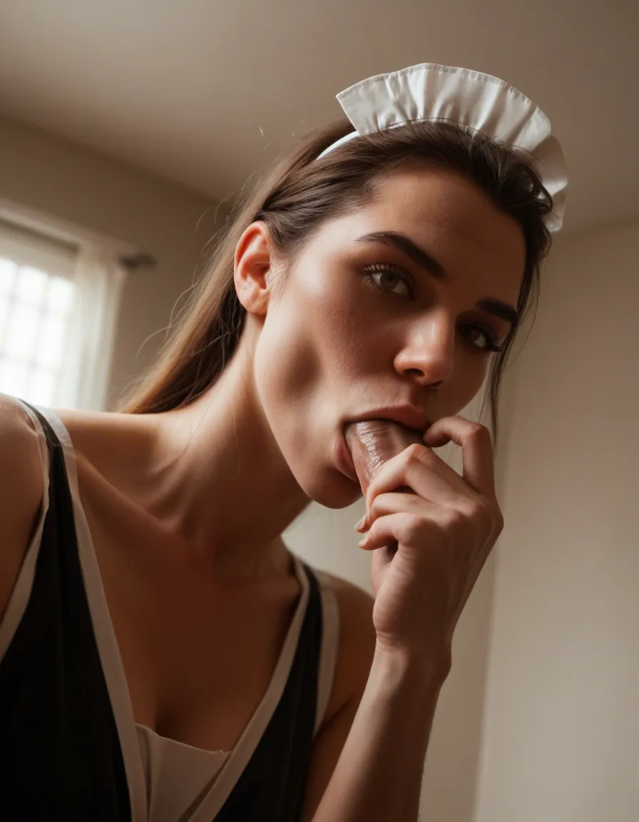 best quality, hyperrealistic, low angle, maid, blowjob, petite adult woman, indoors, mysterious vibe, RAW photo, score_9, score_8, candid photo, realistic skin texture, visible skin pores, film grain, depth of field
