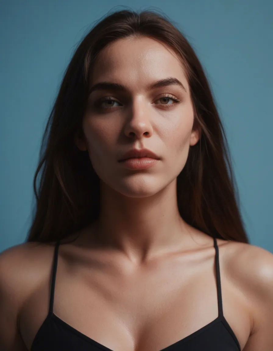 ultra HD, lifelike, multiple women, presenting, petite adult woman, blue background, confident gaze, 8k uhd photo, score_9, score_8, candid photo, realistic skin texture, visible skin pores, film grain, depth of field