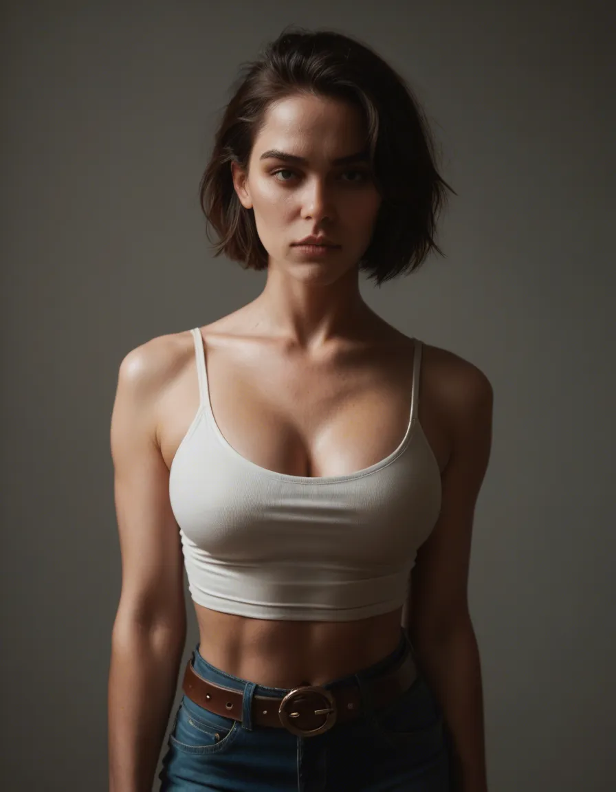 dslr, film grain, photorealistic, 1woman, short hair, belt, futanari, studio lighting, 8k uhd photo, score_9, score_8, candid photo, realistic skin texture, visible skin pores, film grain, depth of field