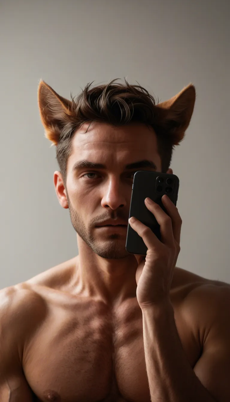 highly detailed, natural lighting, male focus, teasing, animal ears, white background, playful expression, cinematic realis