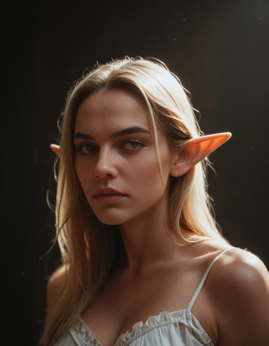 RAW photo, ultra realistic, elf girl, frills, presenting, backlit, score_9, score_8, candid photo, realistic skin texture, visible skin pores, film grain, depth of field