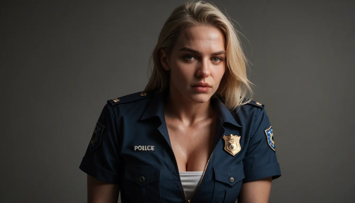Short fit blonde mature_female police officer, solo, wearing a police uniform, black pants unzipped, white panties down, some female_pubic_hair , female_masturbation , fingering, orgasm, sweat, sitting on desk, leaning back, in jail, jail cell in back. static camera, detailed skin, soft indoor lighting, backlit,,