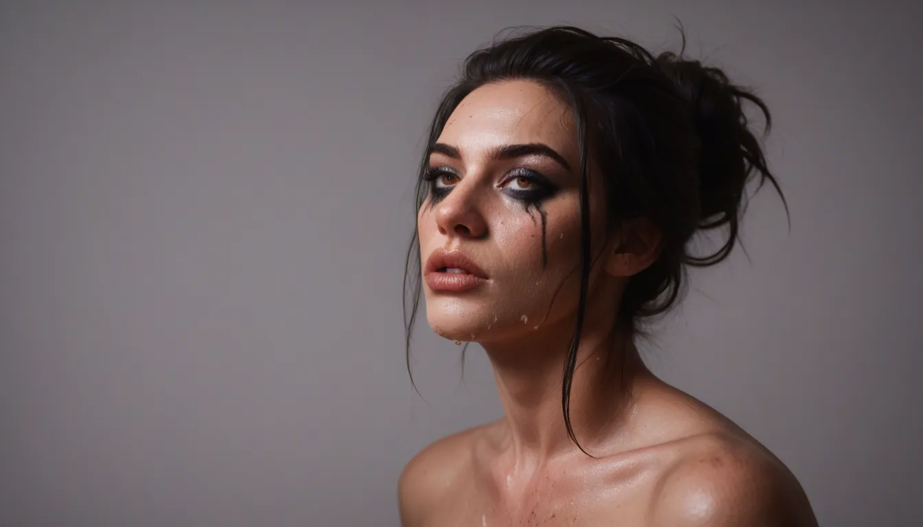 Girl 2
* Dark brown/black hair styled up in a messy, voluminous updo with loose strands framing her face.
* Light complexion with defined makeup, including prominent eye makeup and glossy lips naked, score_9, score_8, candid photo, realistic skin texture, visible skin pores, film grain, depth of field