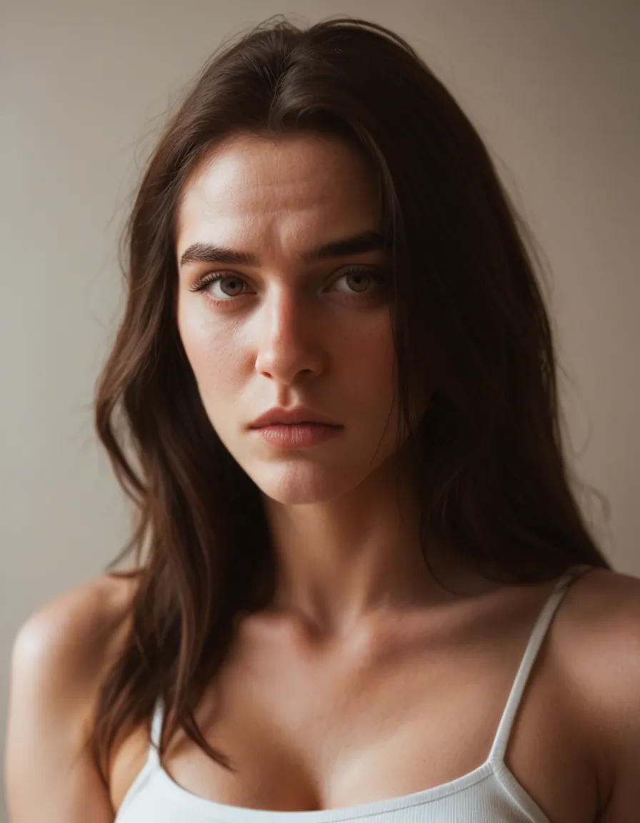 brunette, shy, long term friend makes move to fuck her, they discover bodies making comments, and they fuck intimately and hard 19 years old. Shy, score_9, score_8, candid photo, realistic skin texture, visible skin pores, film grain, depth of field