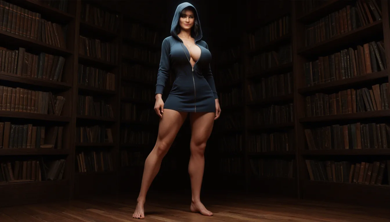view side below, busty athletic woman huge breasts wearing black full body frock with hood over face, long black hair fringe hairstyle evil smile almond blue eyes, library