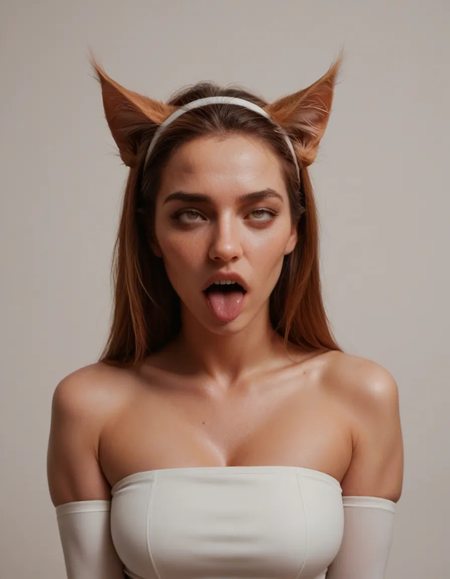 best quality, hyperrealistic, catgirl, hairband, elbow gloves, ahegao, cinematic realism, score_9, score_8, candid photo, realistic skin texture, visible skin pores, film grain, depth of field