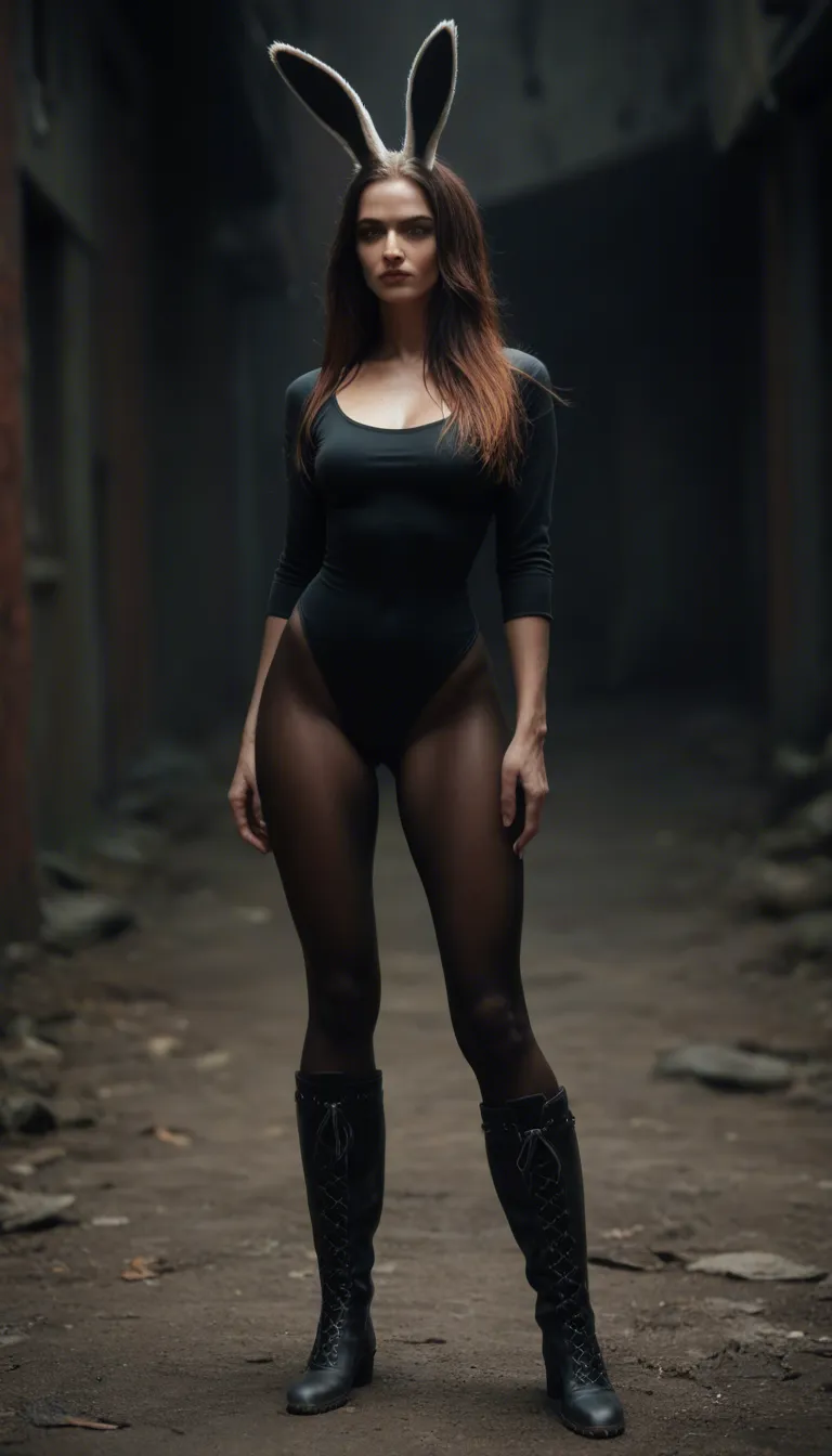 8k, sharp focus, detailed skin, bunny woman, boots, arching back, hyperrealistic