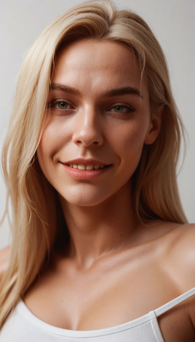 studio quality, sharp focus, dutch angle, male focus, grinding, petite adult blonde-haired woman, smiling, white background, confident gaze, lifelike render