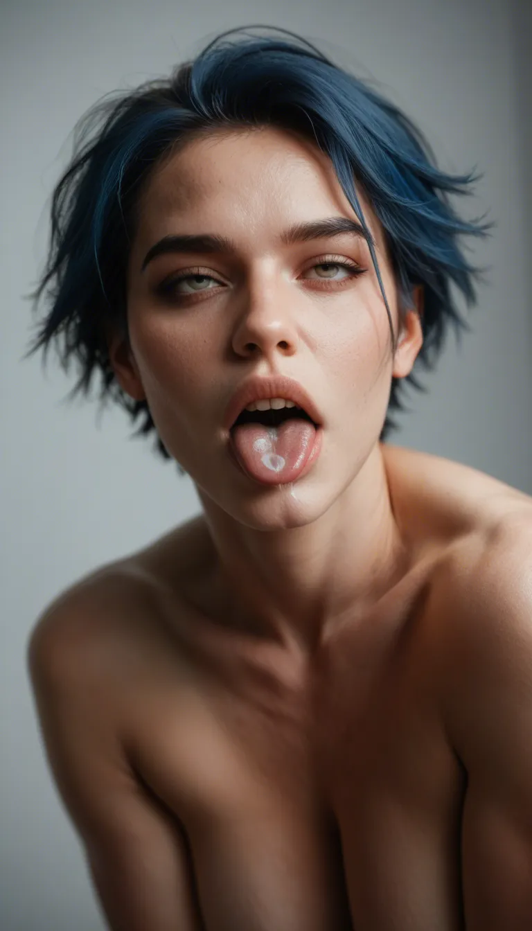 cute tomboy short blue hair, foxeyes ahegao  cum stains tongue