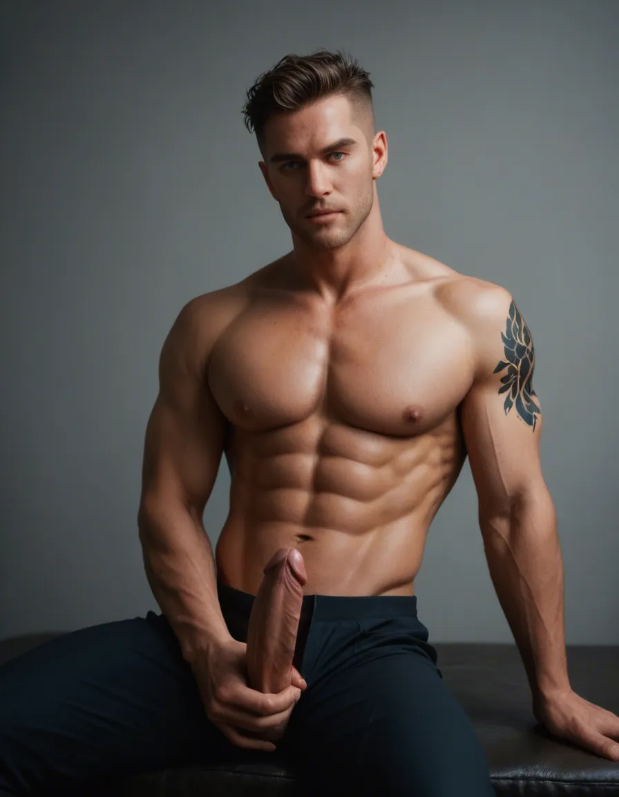 1boy arm_tattoo topless_male black_hair short_hair white_skin  blue_eyes masturbation large_penis looking_at_viewer naval_uniform sitting muscular muscular_male, score_9, score_8, candid photo, realistic skin texture, visible skin pores, film grain, depth of field, score_9, score_8, candid photo, realistic skin texture, visible skin pores, film grain, depth of field