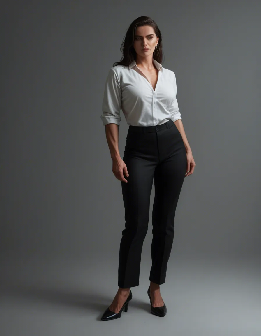 highly detailed, natural lighting, office lady, muscular male, shoes, futanari, grey background, studio lighting, film photography, score_9, score_8, candid photo, realistic skin texture, visible skin pores, film grain, depth of field