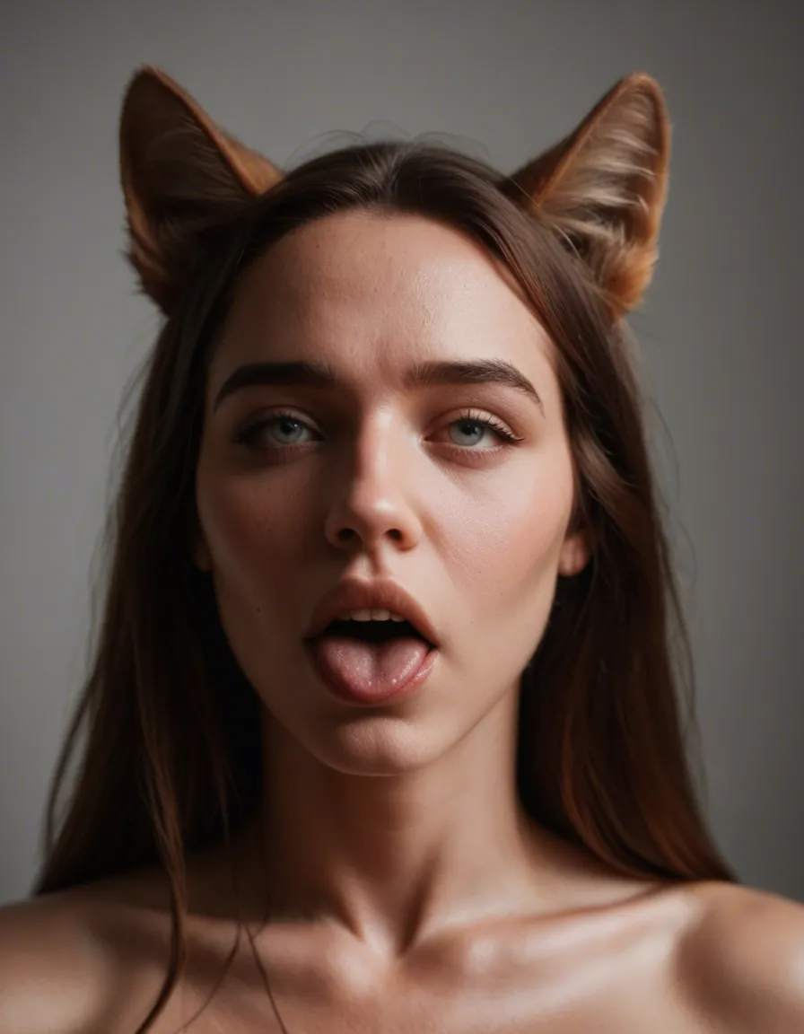 dslr, film grain, photorealistic, princess, ahegao, animal ears, studio photo, score_9, score_8, candid photo, realistic skin texture, visible skin pores, film grain, depth of field