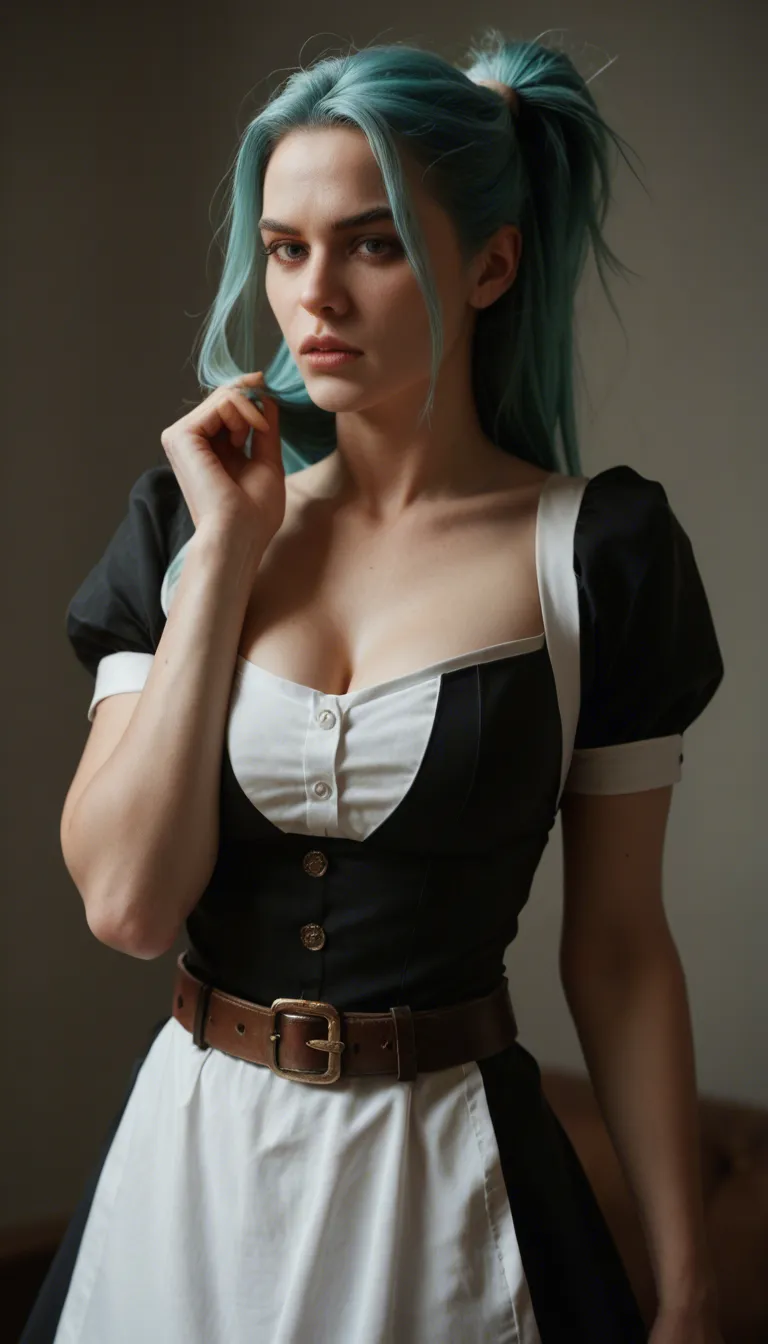 studio quality, sharp focus, maid, aqua hair, belt, hair pull, studio photo