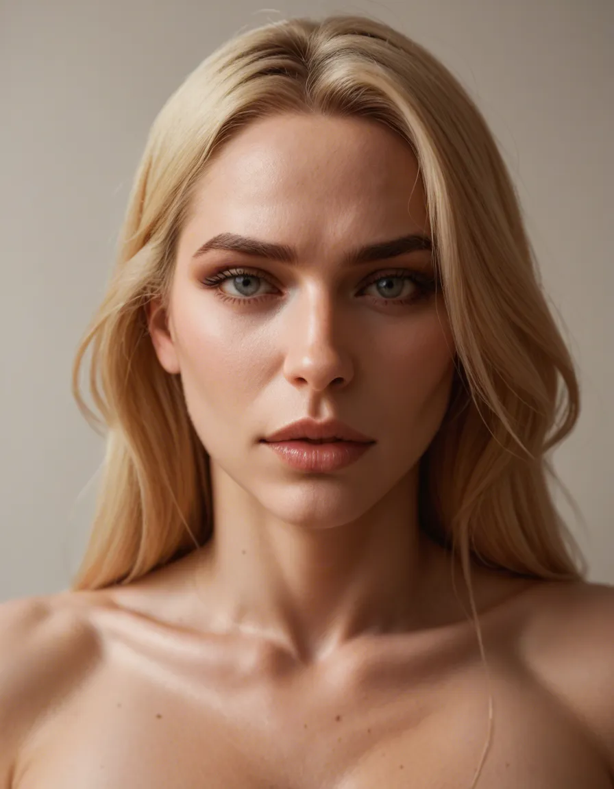 Bleach blonde plump whore with black streaks in her hair surrounded by cocks, score_9, score_8, candid photo, realistic skin texture, visible skin pores, film grain, depth of field
