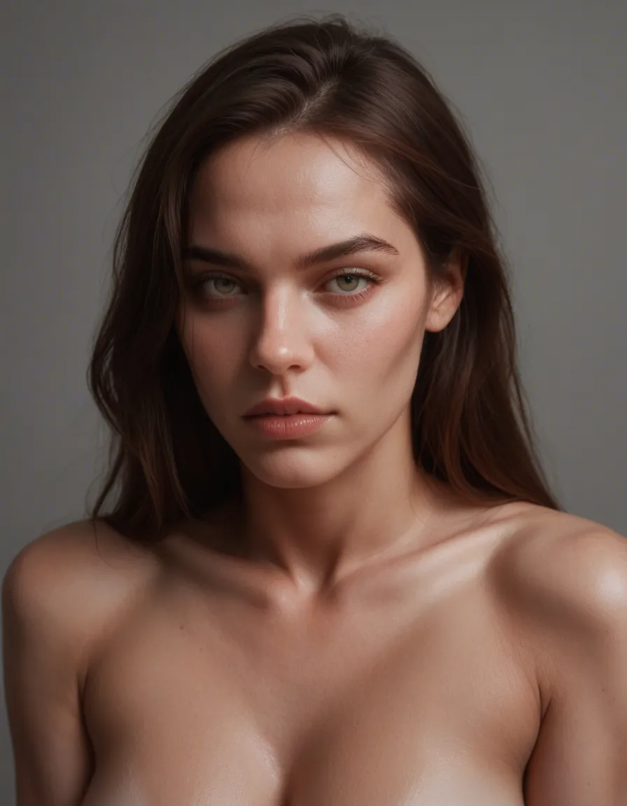 8k, sharp focus, detailed skin, portrait, solo female, spread legs, bare shoulders, grey background, seductive look, dslr quality, score_9, score_8, candid photo, realistic skin texture, visible skin pores, film grain, depth of field