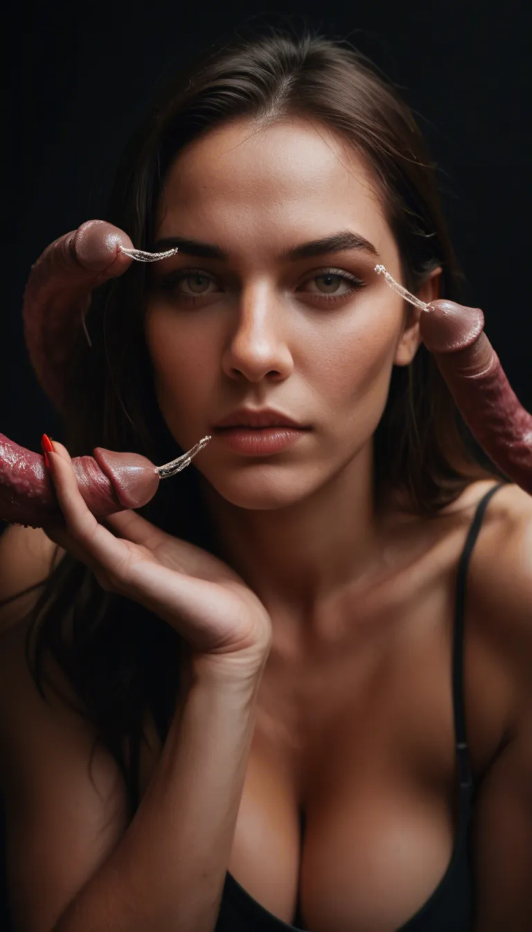 cinematic photo, 8k, multiple women, tentacle, nail polish, black background, confident gaze, hyperrealistic