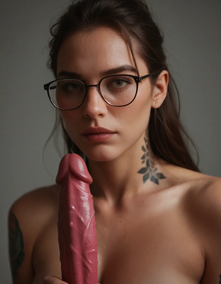 ultra HD, lifelike, solo, tall brunette with tattoos and glasses using dildo, score_9, score_8, candid photo, realistic skin texture, visible skin pores, film grain, depth of field