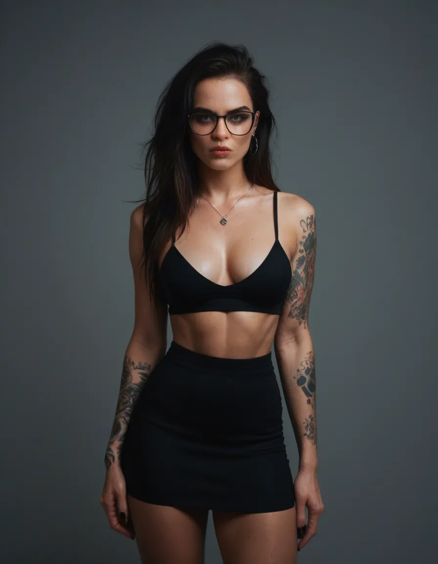 RAW photo, tall brunette with tattoos piercings and glasses, with small perky breasts in gothic skirt and Basque, score_9, score_8, candid photo, realistic skin texture, visible skin pores, film grain, depth of field