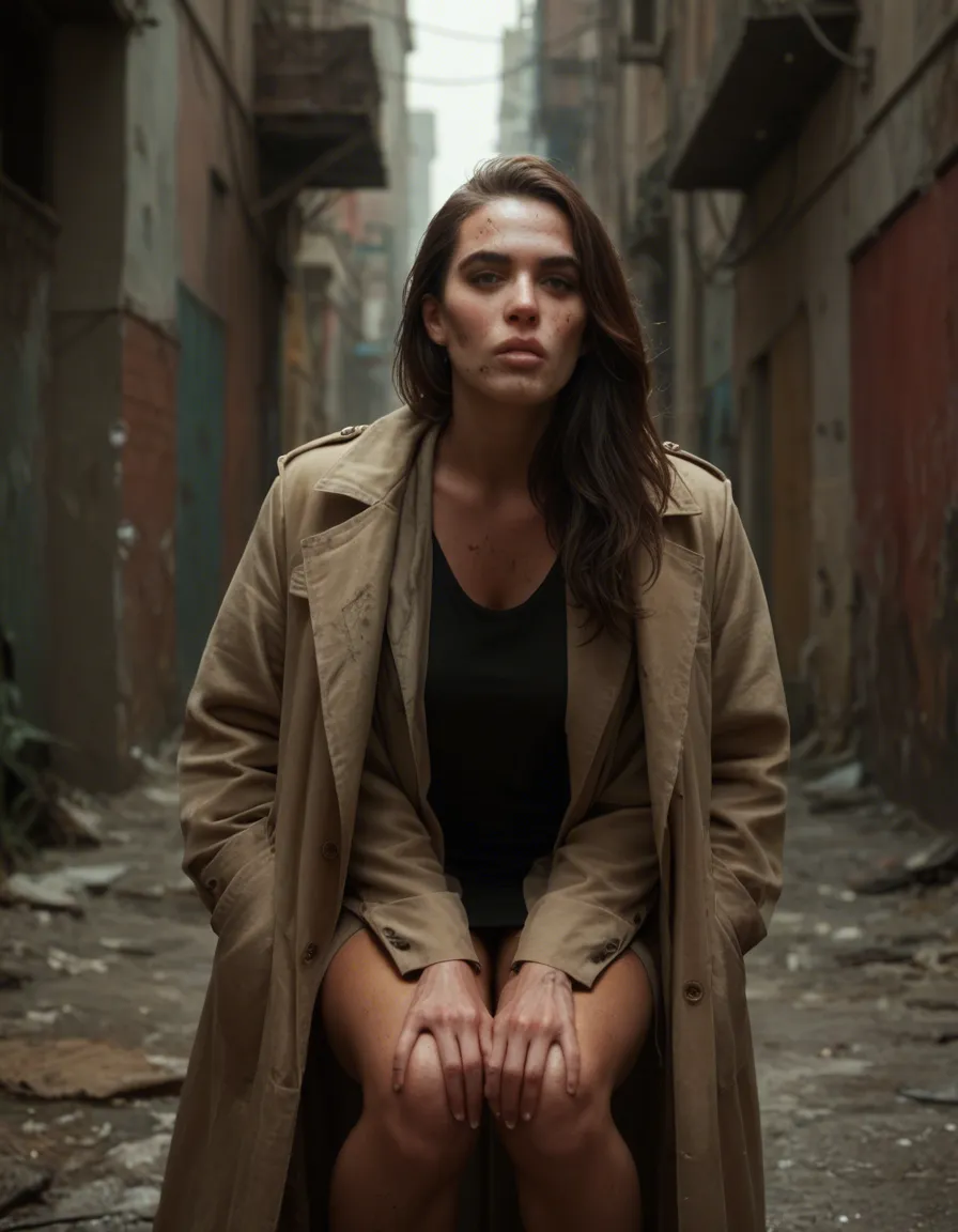 Show brunette whose face is not visible woman in trench coat on knees in a dirty alley giving a blowjob to a bearded homeless man  in shabby clothes, score_9, score_8, candid photo, realistic skin texture, visible skin pores, film grain, depth of field