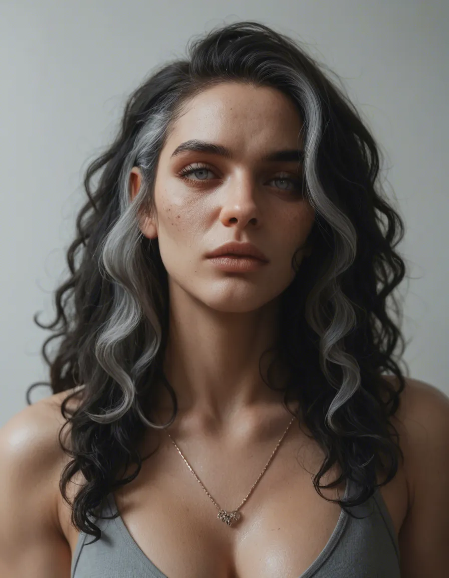 score_9, score_8_up, score_7_up,((masterpiece)), sharp focus, 1woman,solo, 18 y.o., black hair, gray highlights, curly hair, long hair, gray eyes, hd quality, high quality, detailing face, detailing body, deatiled apartament, naked, in shower room, pubic hair, shower, wet body, wet skin, hugging herself, wet hair, score_9, score_8, candid photo, realistic skin texture, visible skin pores, film grain, depth of field