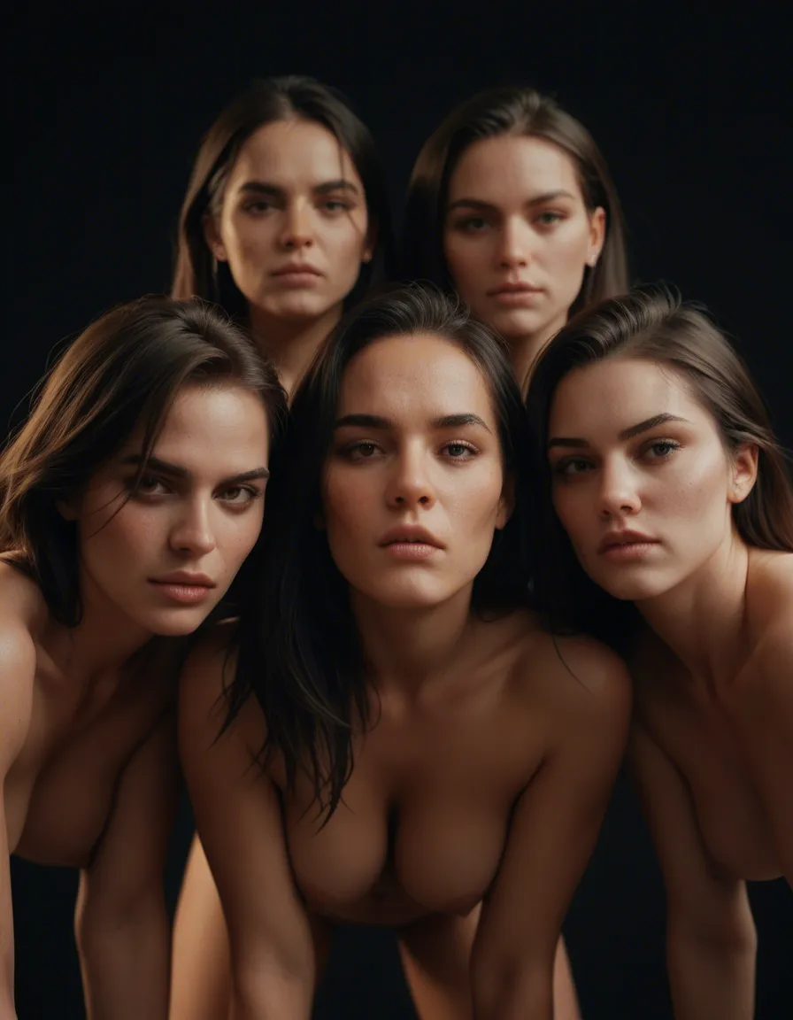 highly detailed, natural lighting, 5girls, doggy style, curvy figure, black background, dominant stare, lifelike render, score_9, score_8, candid photo, realistic skin texture, visible skin pores, film grain, depth of field