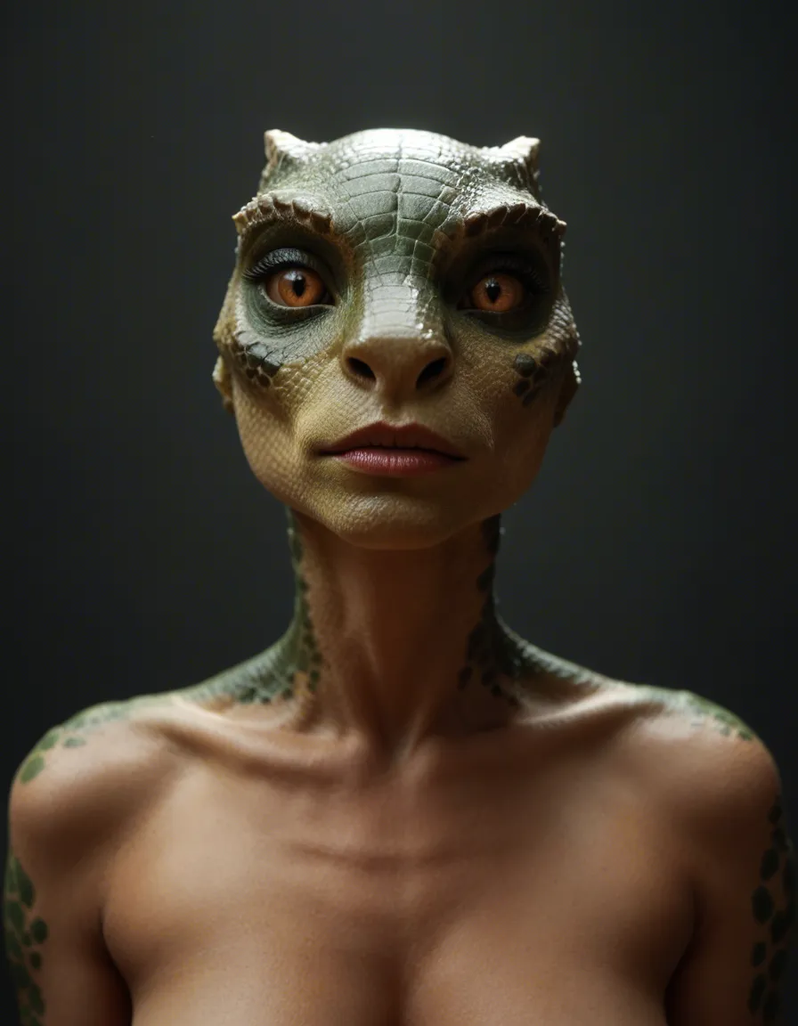 A skinny Argonian (Furry Lizard Person)woman, score_9, score_8, candid photo, realistic skin texture, visible skin pores, film grain, depth of field